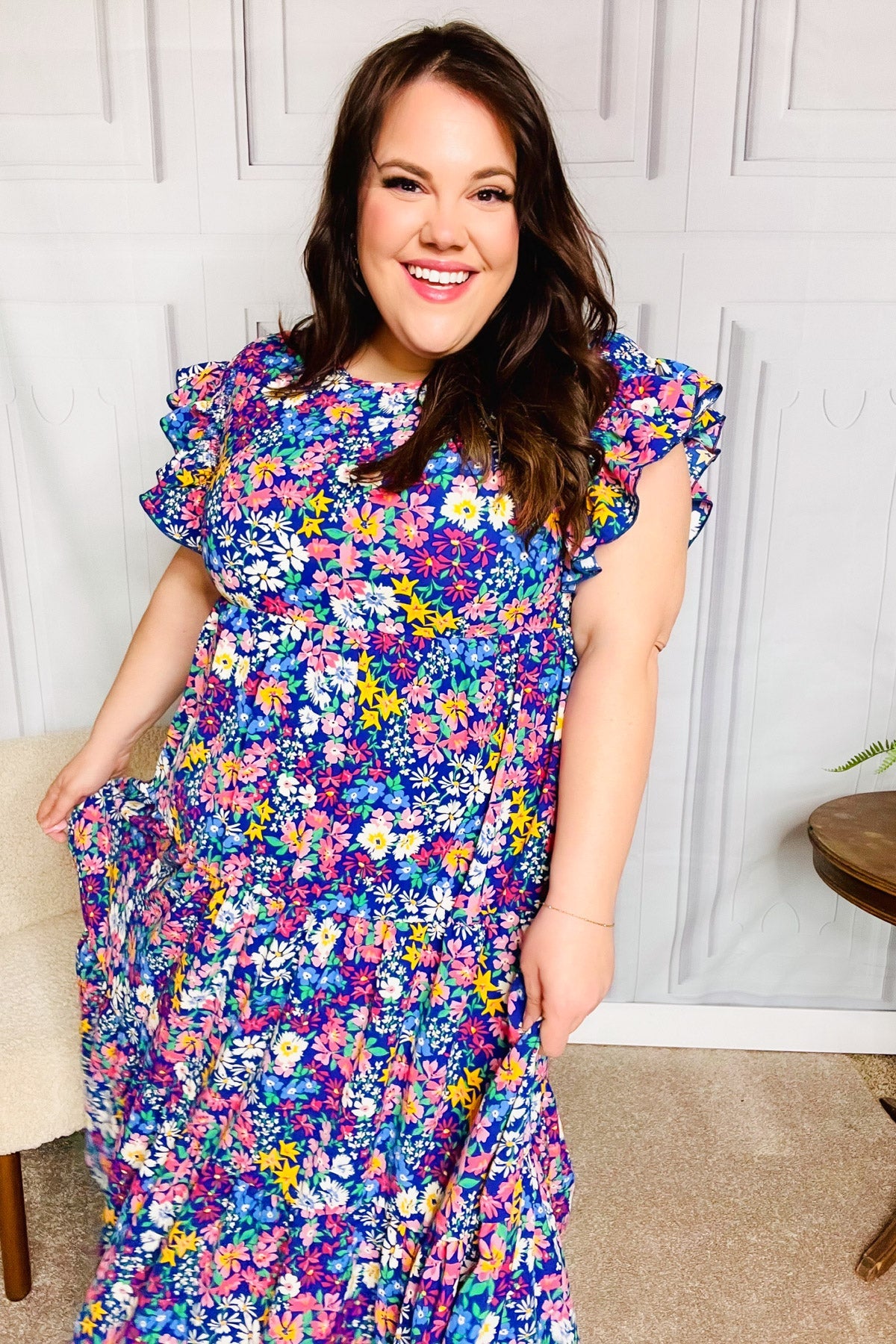 Haptics Just A Dream Navy Floral Smocked Ruffle Sleeve Maxi Dress