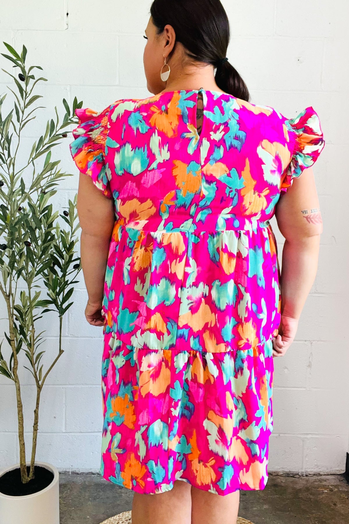 Haptics Look of Love Fuchsia Abstract Floral Print Smocked Ruffle Sleeve Dress