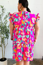 Haptics Look of Love Fuchsia Abstract Floral Print Smocked Ruffle Sleeve Dress