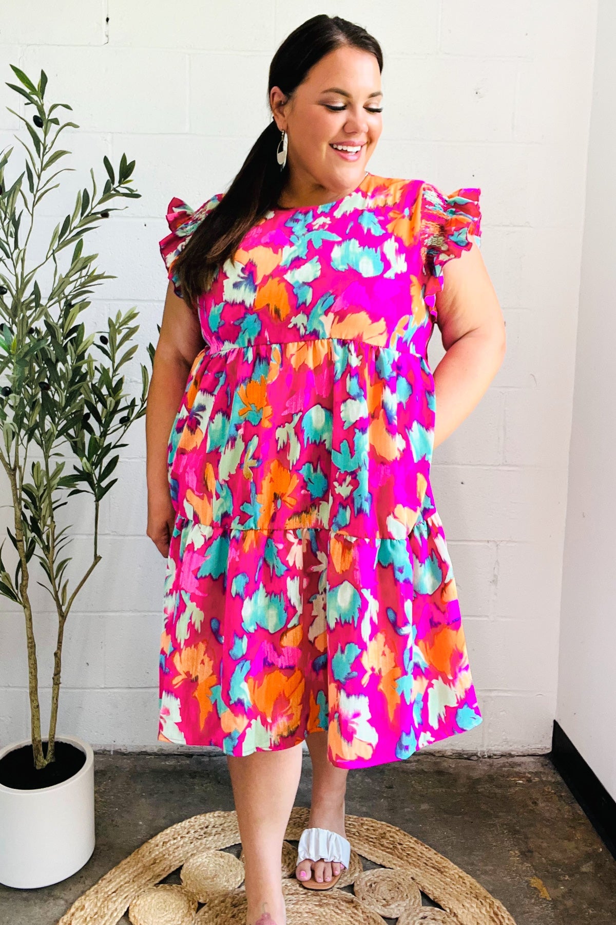 Haptics Look of Love Fuchsia Abstract Floral Print Smocked Ruffle Sleeve Dress
