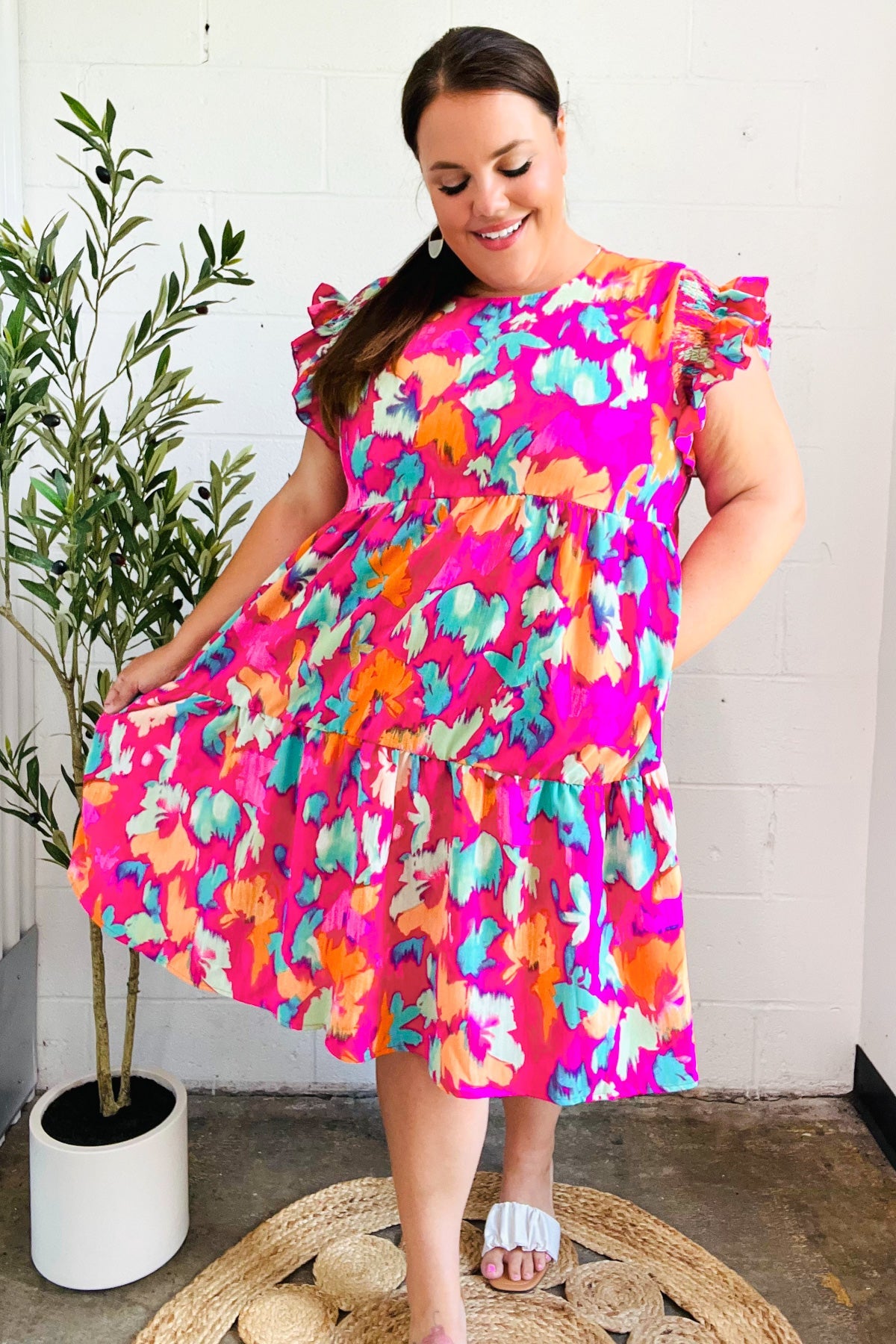 Haptics Look of Love Fuchsia Abstract Floral Print Smocked Ruffle Sleeve Dress