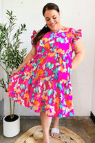Haptics Look of Love Fuchsia Abstract Floral Print Smocked Ruffle Sleeve Dress