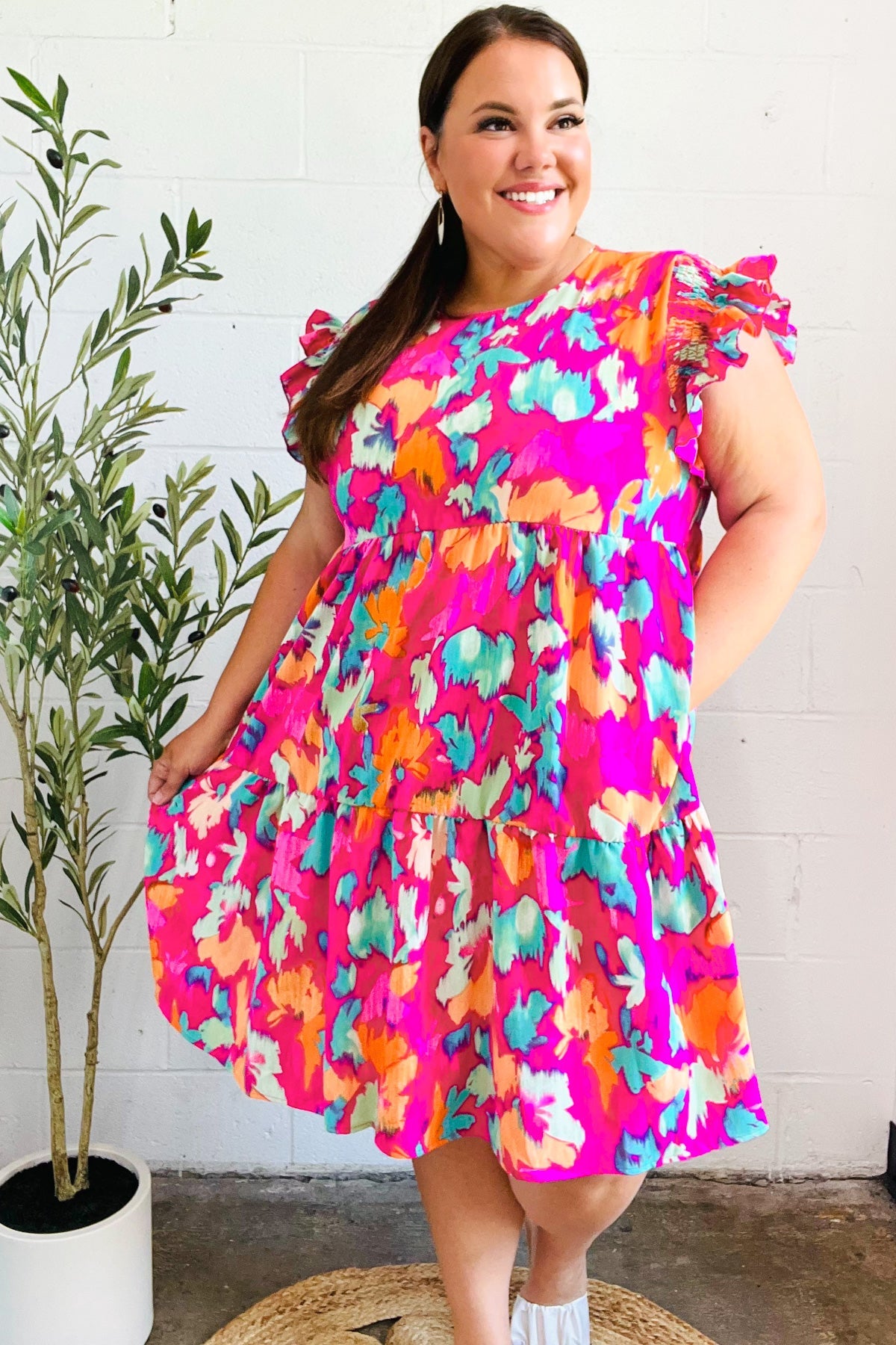 Haptics Look of Love Fuchsia Abstract Floral Print Smocked Ruffle Sleeve Dress