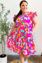 Haptics Look of Love Fuchsia Abstract Floral Print Smocked Ruffle Sleeve Dress