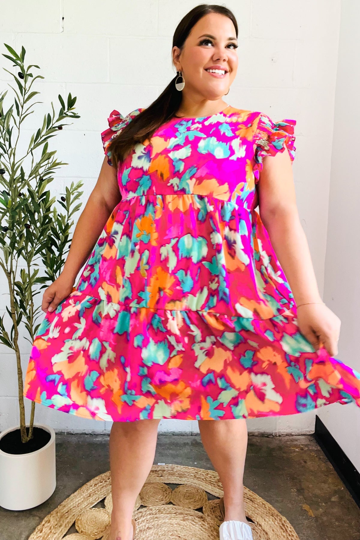 Haptics Look of Love Fuchsia Abstract Floral Print Smocked Ruffle Sleeve Dress