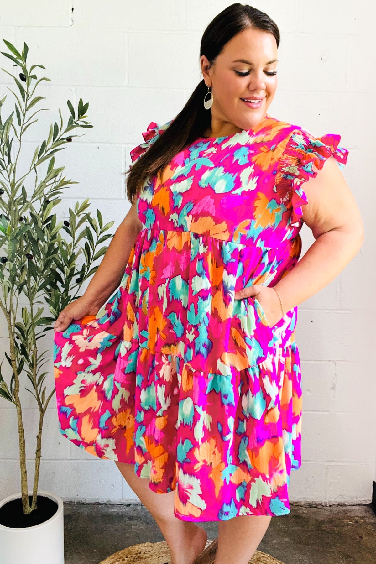 Haptics Look of Love Fuchsia Abstract Floral Print Smocked Ruffle Sleeve Dress