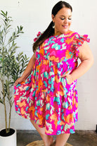 Haptics Look of Love Fuchsia Abstract Floral Print Smocked Ruffle Sleeve Dress