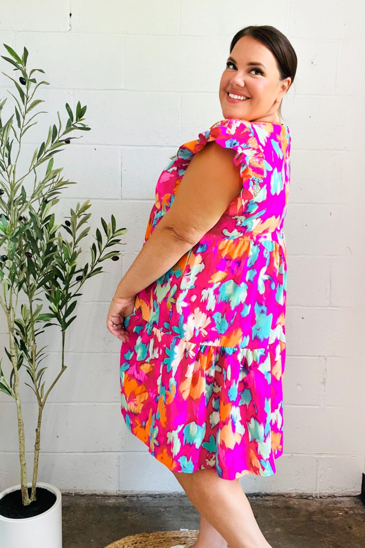Haptics Look of Love Fuchsia Abstract Floral Print Smocked Ruffle Sleeve Dress
