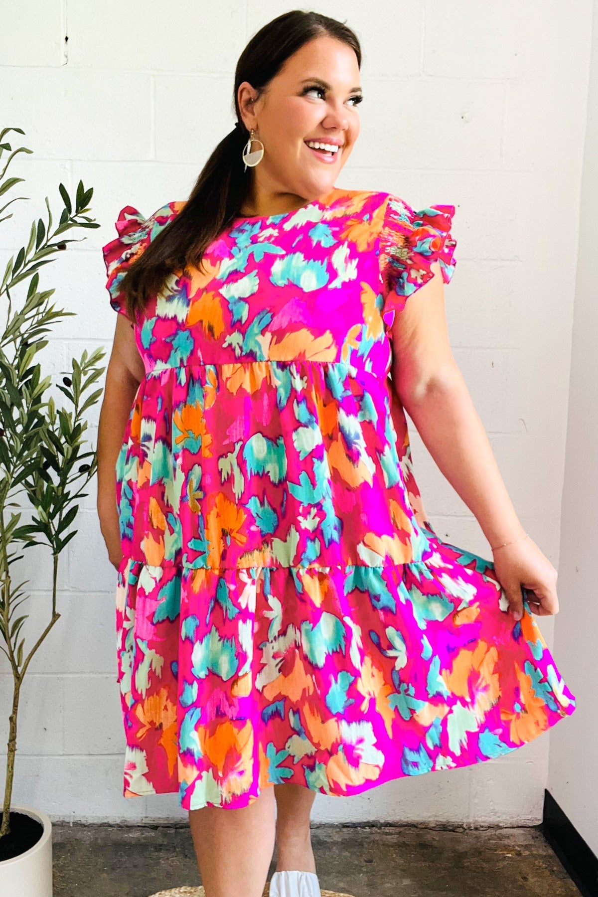 Haptics Look of Love Fuchsia Abstract Floral Print Smocked Ruffle Sleeve Dress