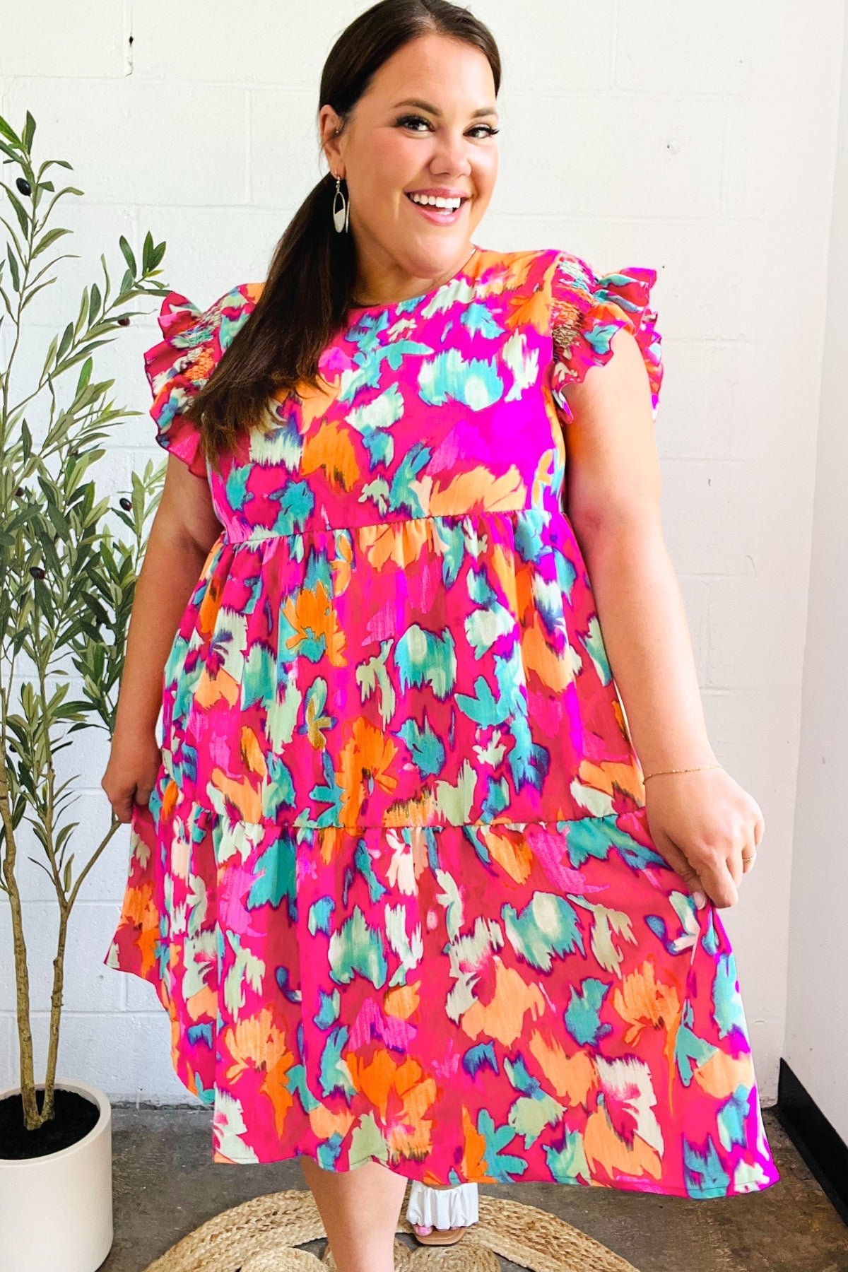 Haptics Look of Love Fuchsia Abstract Floral Print Smocked Ruffle Sleeve Dress