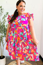 Haptics Look of Love Fuchsia Abstract Floral Print Smocked Ruffle Sleeve Dress
