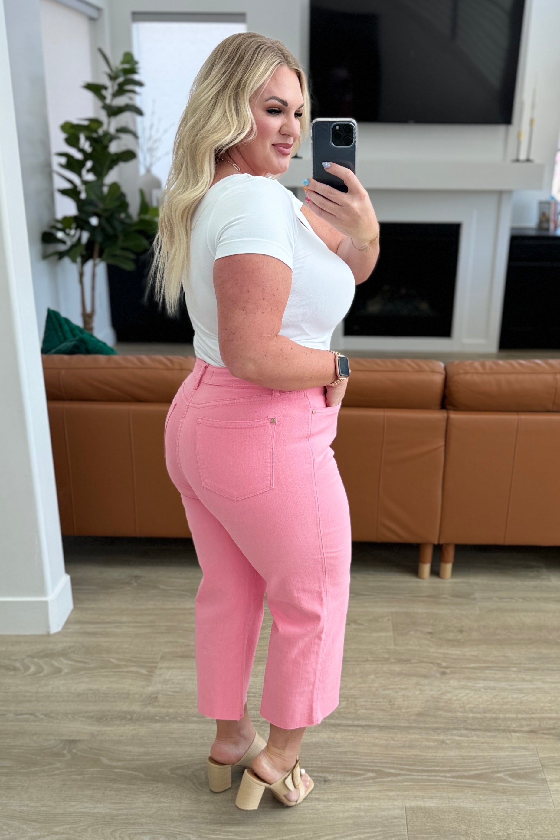 Judy Blue Lisa High Rise Control Top Wide Leg Crop Jeans in Pink Ave Shops