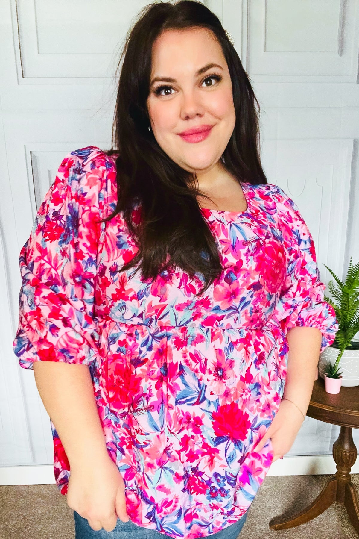 Haptics Feeling Femmi Pink & Fuchsia Floral Peplum Woven Top Final Sale