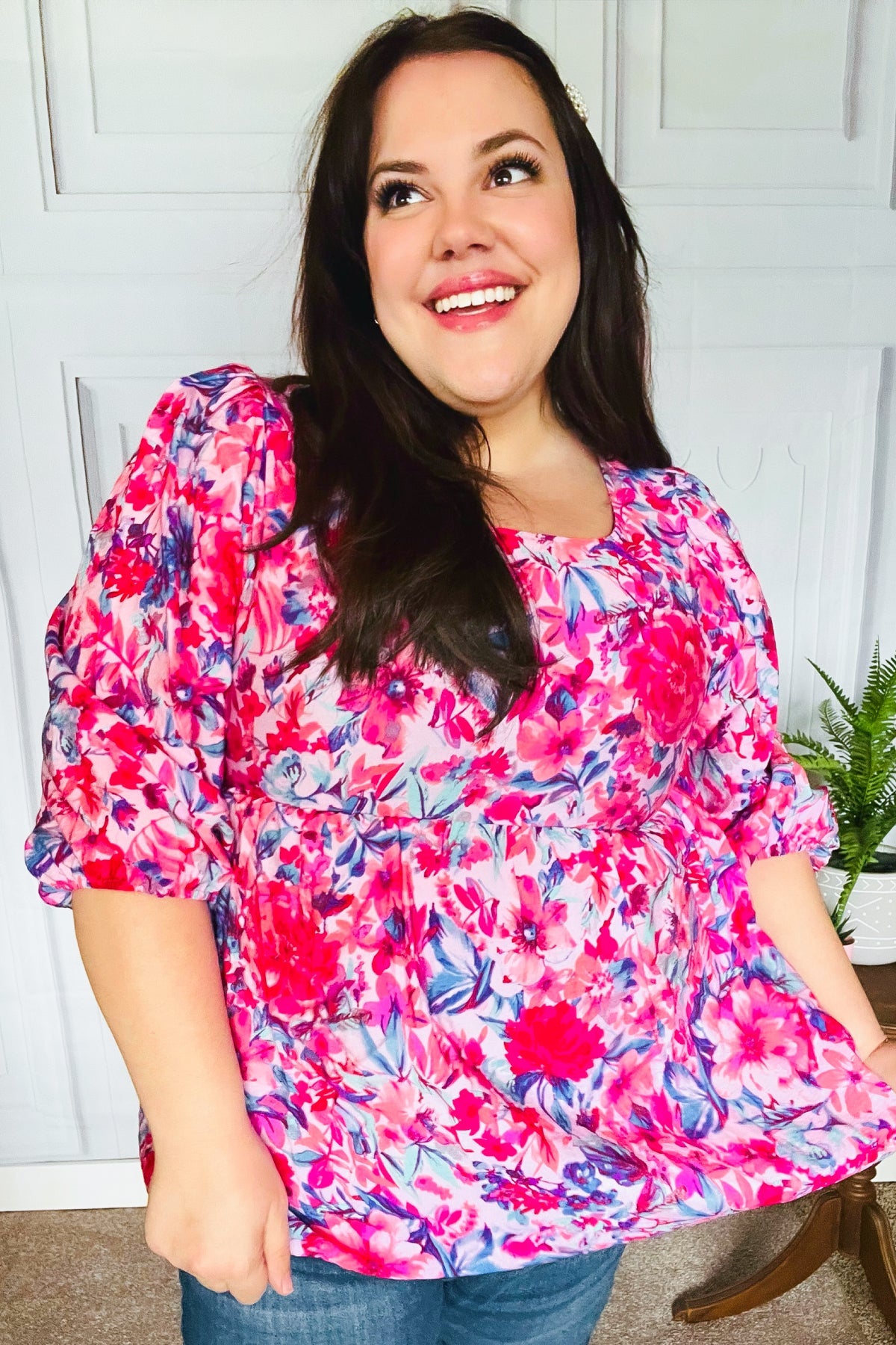 Haptics Feeling Femmi Pink & Fuchsia Floral Peplum Woven Top Final Sale