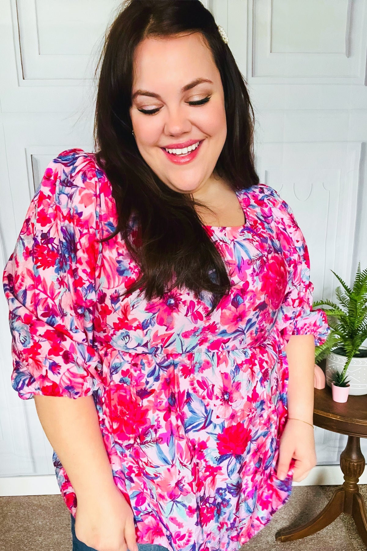 Haptics Feeling Femmi Pink & Fuchsia Floral Peplum Woven Top Final Sale
