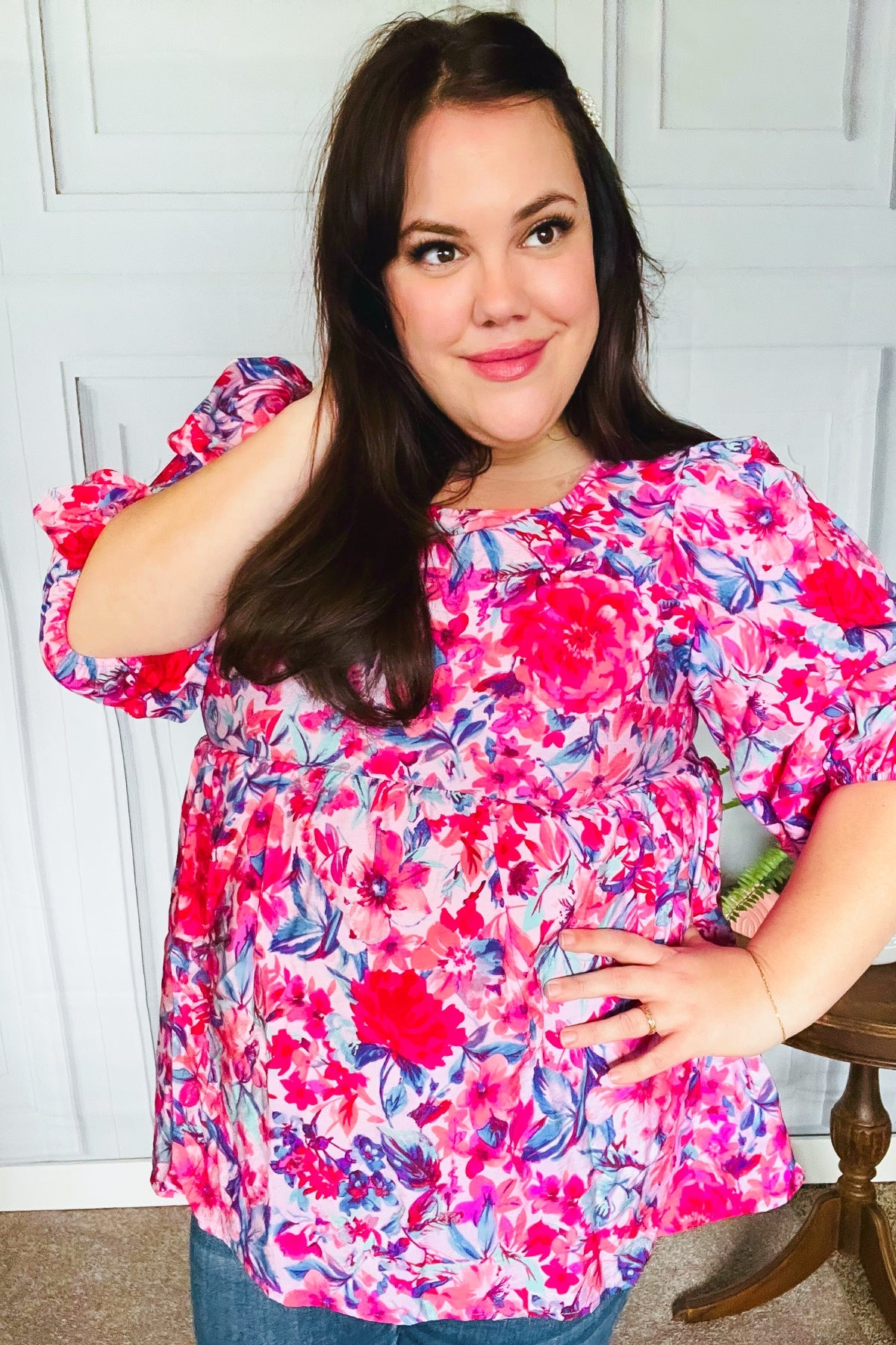 Haptics Feeling Femmi Pink & Fuchsia Floral Peplum Woven Top Final Sale