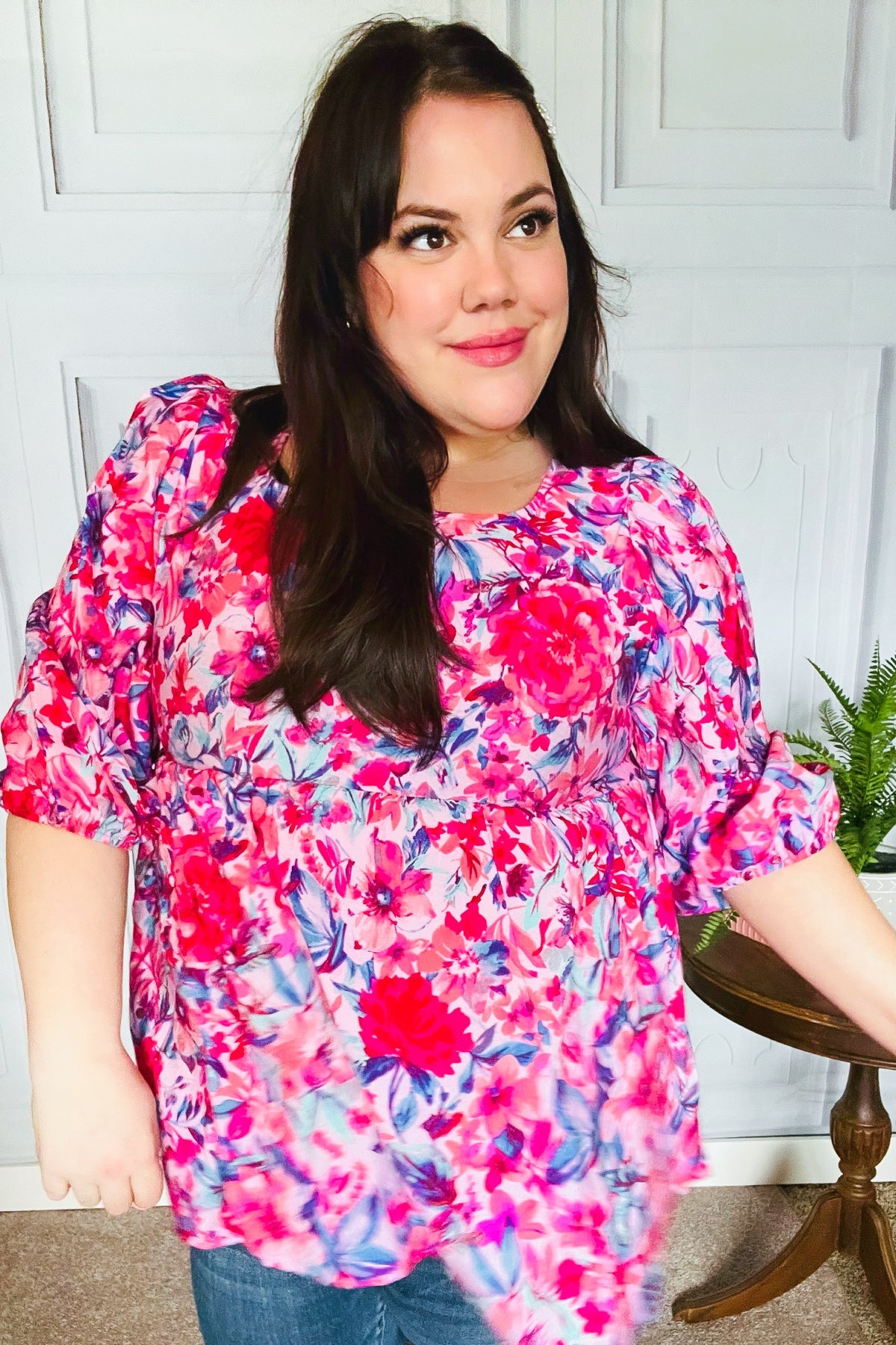 Haptics Feeling Femmi Pink & Fuchsia Floral Peplum Woven Top Final Sale