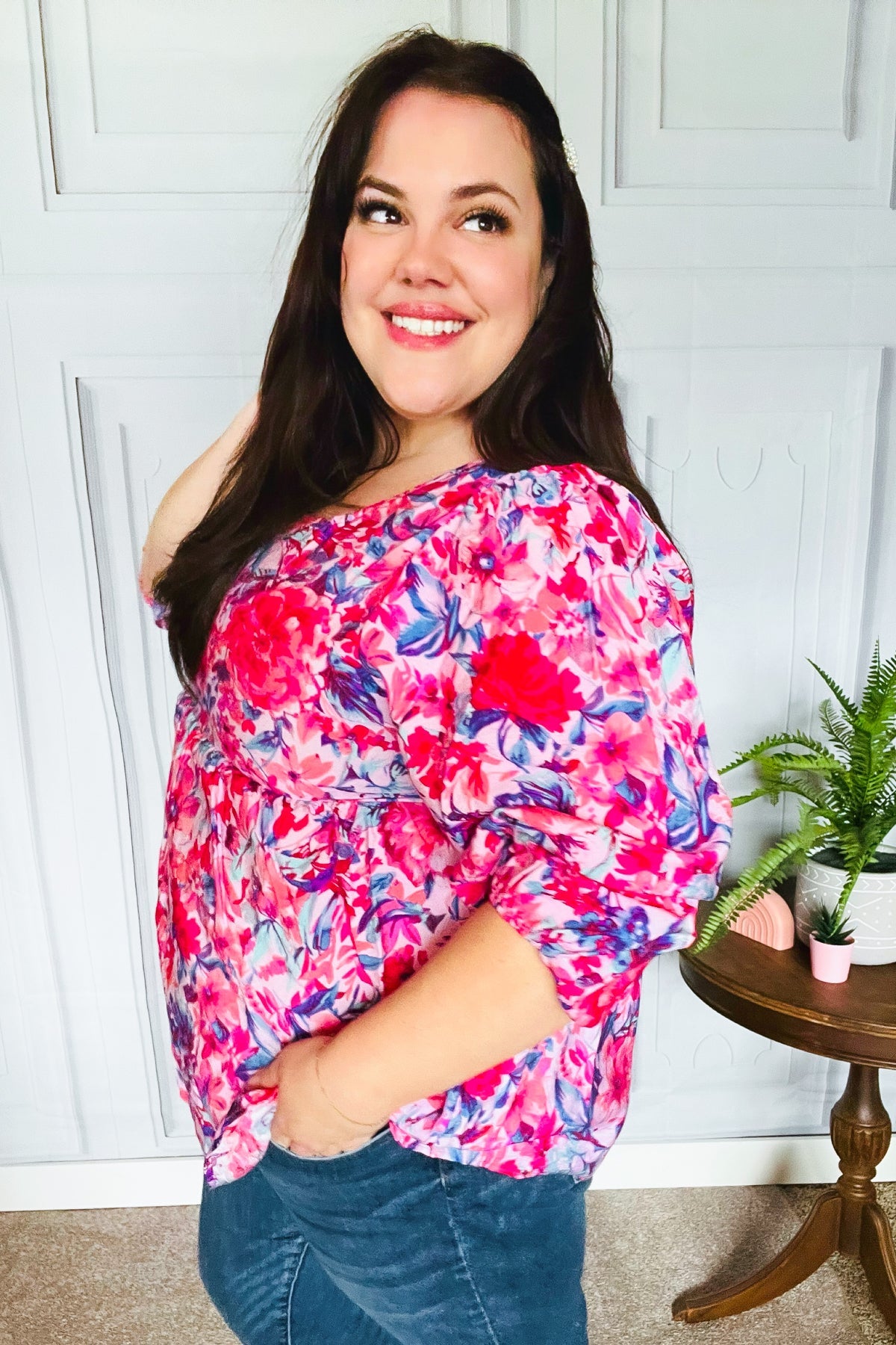 Haptics Feeling Femmi Pink & Fuchsia Floral Peplum Woven Top Final Sale