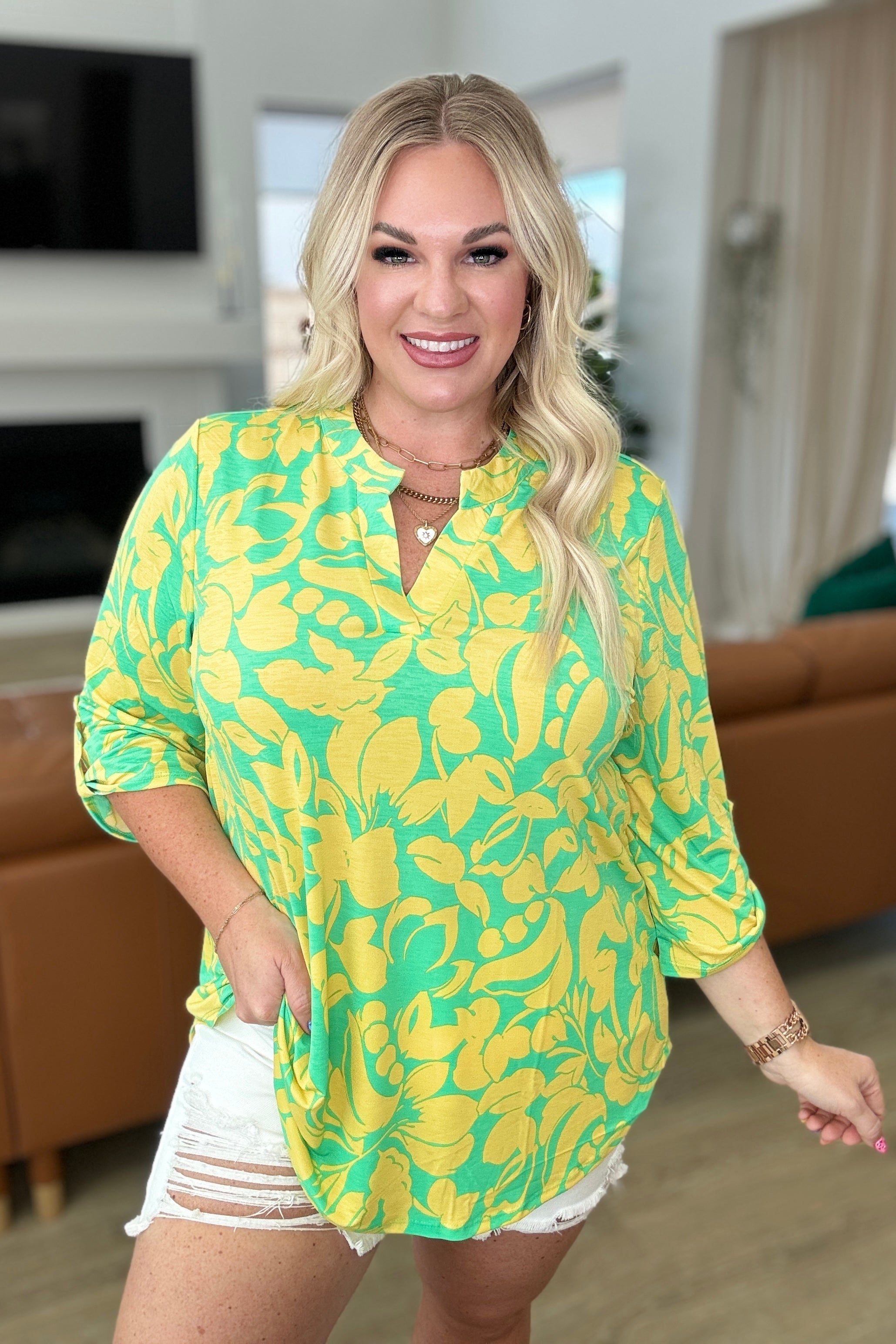 Dear Scarlett Lizzy Top in Kelly Green and Yellow Floral Ave Shops