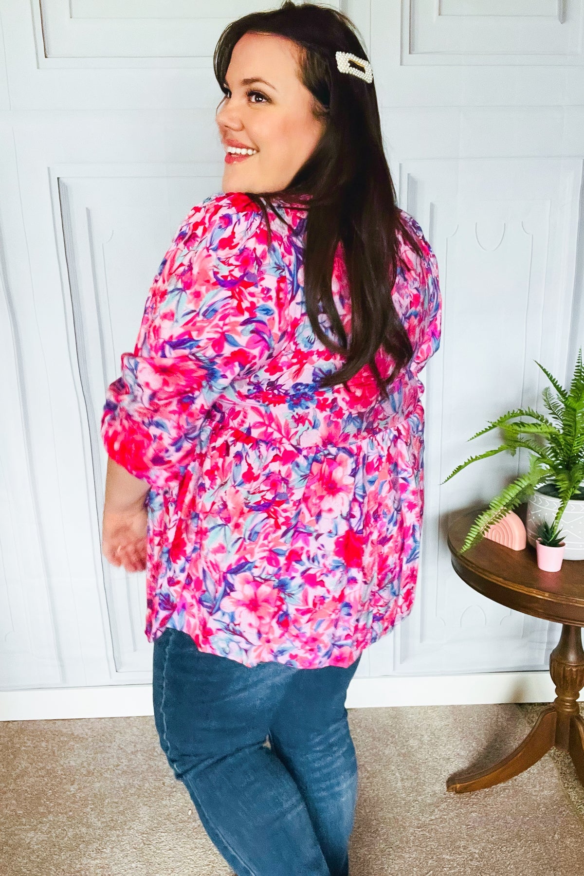Haptics Feeling Femmi Pink & Fuchsia Floral Peplum Woven Top Final Sale