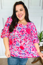Haptics Feeling Femmi Pink & Fuchsia Floral Peplum Woven Top Final Sale