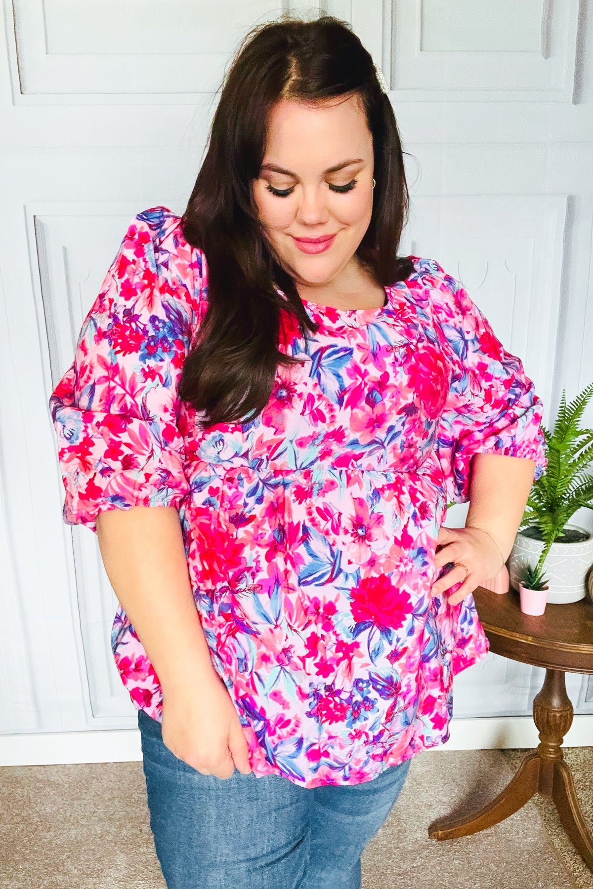 Haptics Feeling Femmi Pink & Fuchsia Floral Peplum Woven Top Final Sale