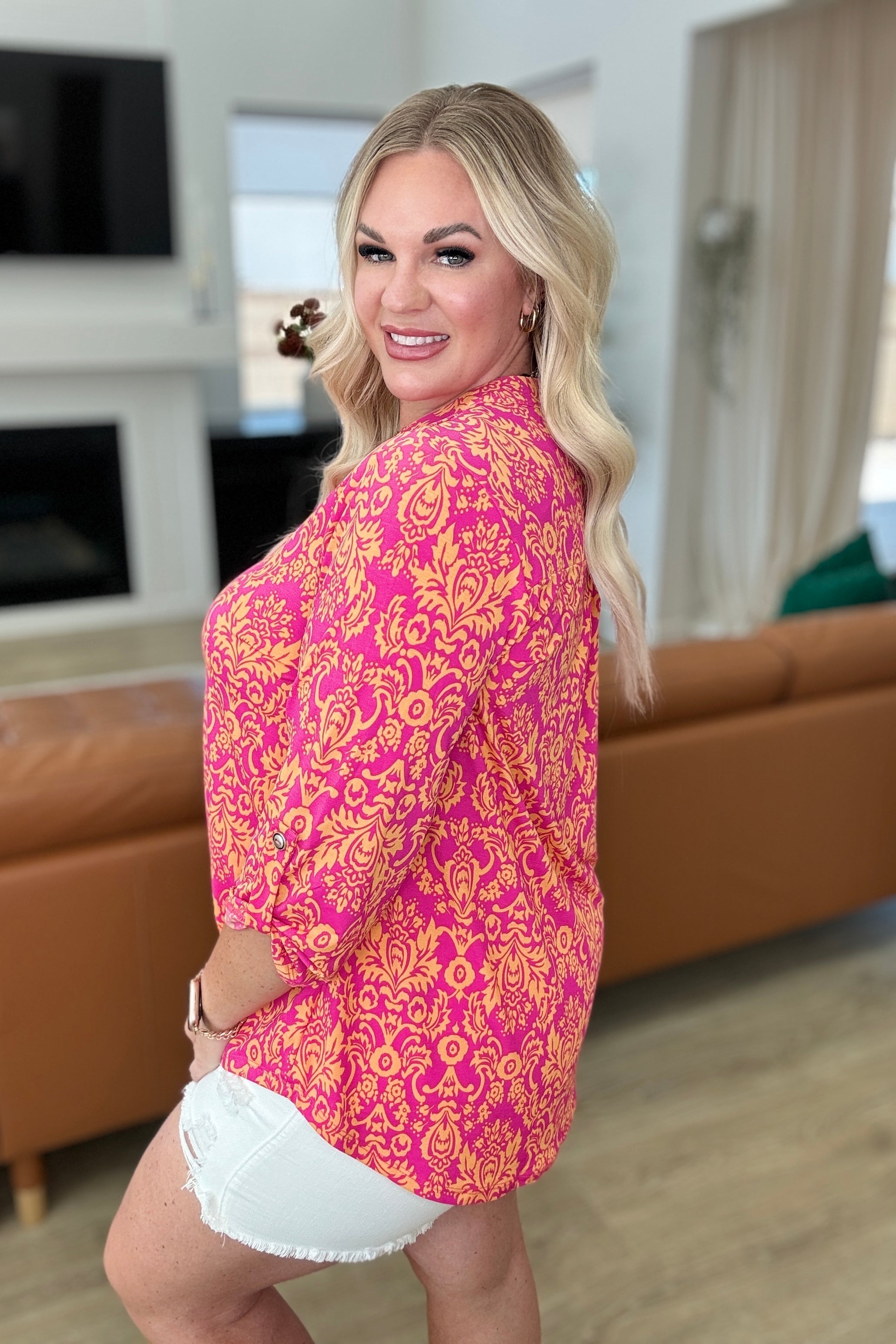 Dear Scarlett Lizzy Top in Hot Pink and Tangerine Damask Ave Shops