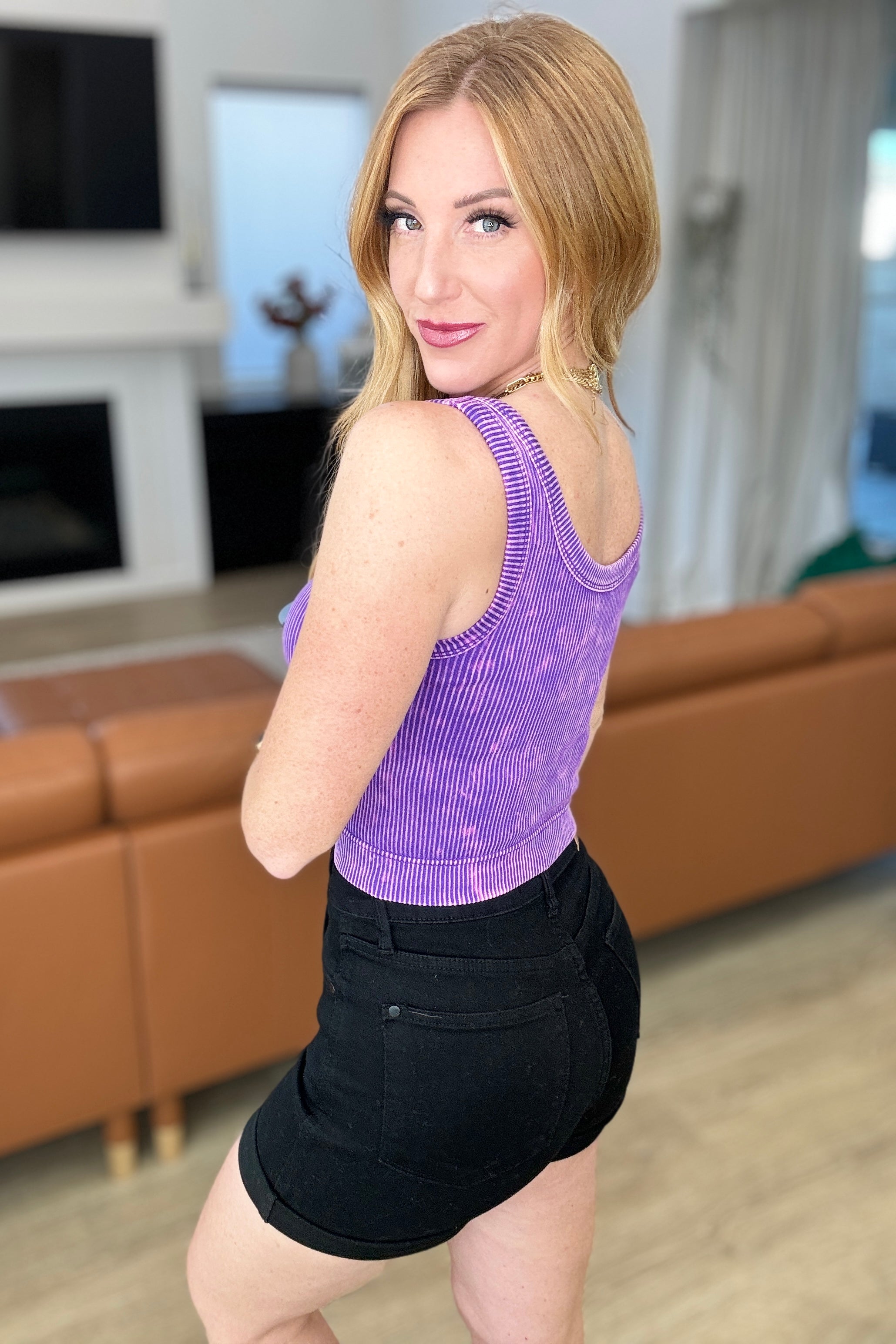 Zenana Stone Washed Ribbed Seamless Top In Purple Ave Shops
