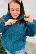 Haptics Teal Sequin & High Neck Sherpa Half Zip Pullover Sweater Sweater