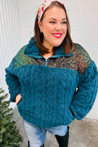 Haptics Teal Sequin & High Neck Sherpa Half Zip Pullover Sweater Sweater