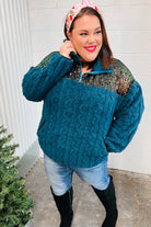 Haptics Teal Sequin & High Neck Sherpa Half Zip Pullover Sweater Sweater