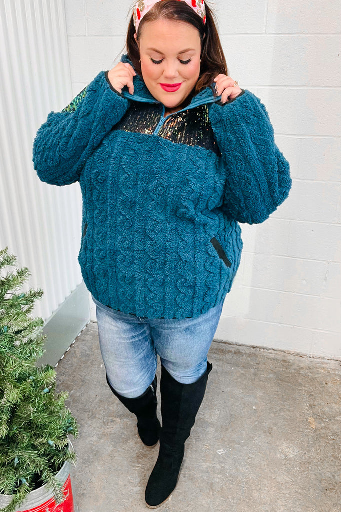 Haptics Going With You Teal Sequin & Sherpa Half Zip Pullover Haptics