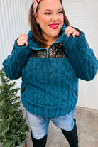 Haptics Teal Sequin & High Neck Sherpa Half Zip Pullover Sweater Sweater