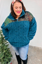 Haptics Teal Sequin & High Neck Sherpa Half Zip Pullover Sweater Sweater