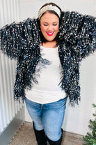 Haptics Dazzling Black & Multicolor Fuzzy Fringe Knit Cardigan Haptics