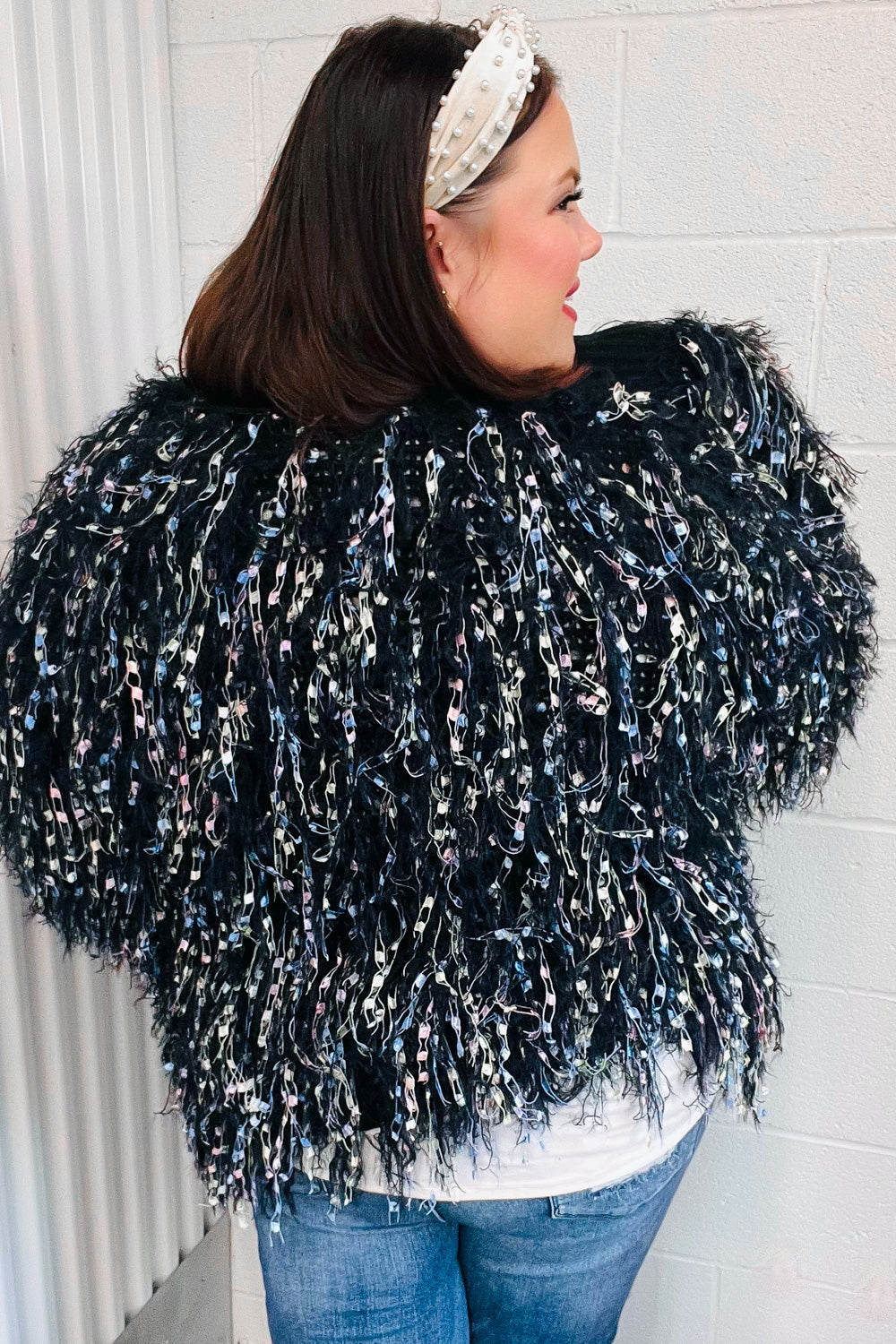 Haptics Dazzling Black & Multicolor Fuzzy Fringe Knit Cardigan Haptics