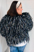 Haptics Dazzling Black & Multicolor Fuzzy Fringe Knit Cardigan Haptics