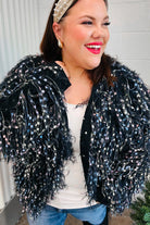 Haptics Dazzling Black & Multicolor Fuzzy Fringe Knit Cardigan Haptics