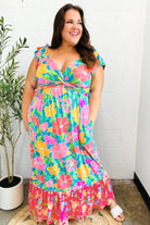 Haptics Vacay Vibes Blue Floral Print Sweetheart Twisted Neckline Maxi Dress Haptics