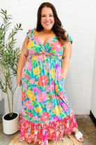 Haptics Vacay Vibes Blue Floral Print Sweetheart Twisted Neckline Maxi Dress Haptics