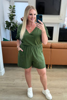 Zenana Short Sleeve V-Neck Romper in Army Green Ave Shops