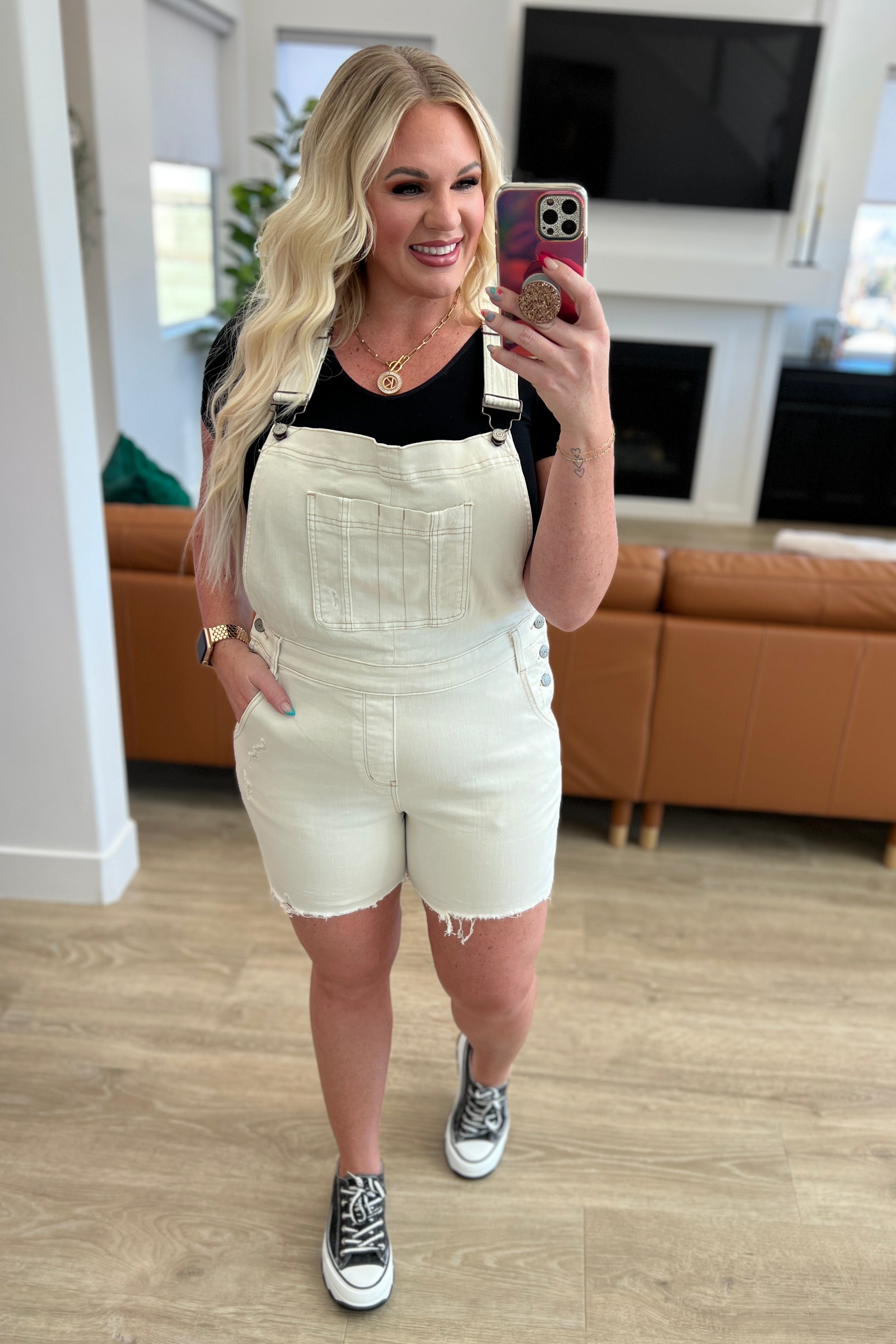 Judy Blue Anna High Rise Garment Dyed Cutoff Shortalls in Ecru Denim