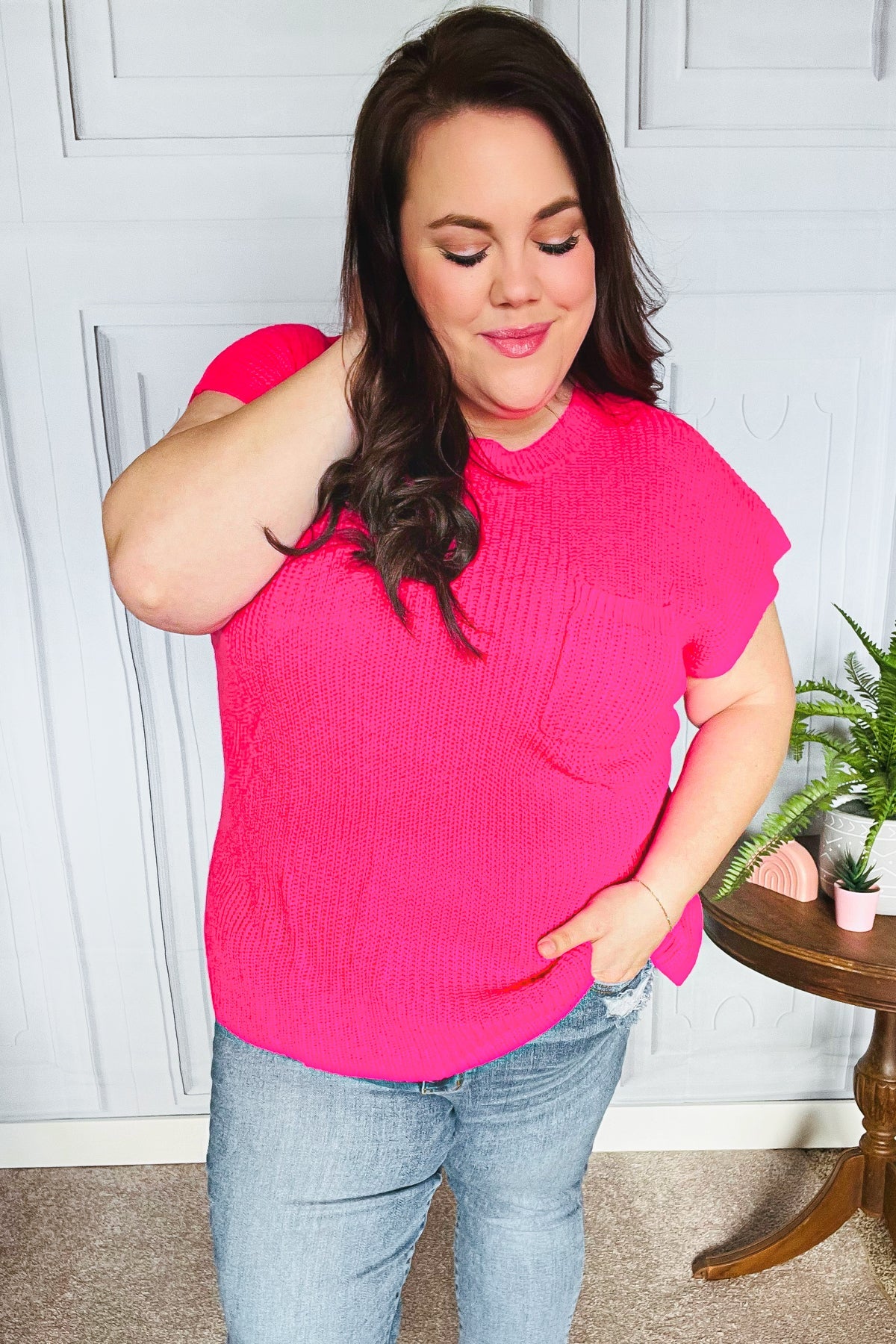 Haptics Best In Bold Hot Pink Dolman Ribbed Knit Sweater Top Final Sale 2024 Summer Blow Out Sale