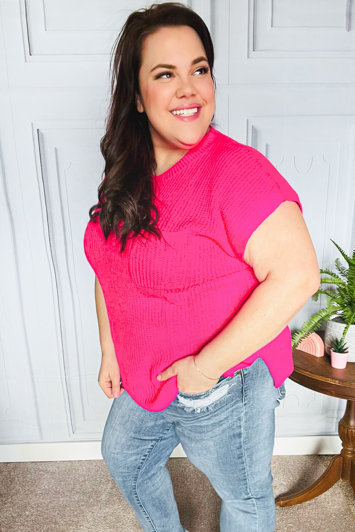 Haptics Best In Bold Hot Pink Dolman Ribbed Knit Sweater Top Final Sale 2024 Summer Blow Out Sale