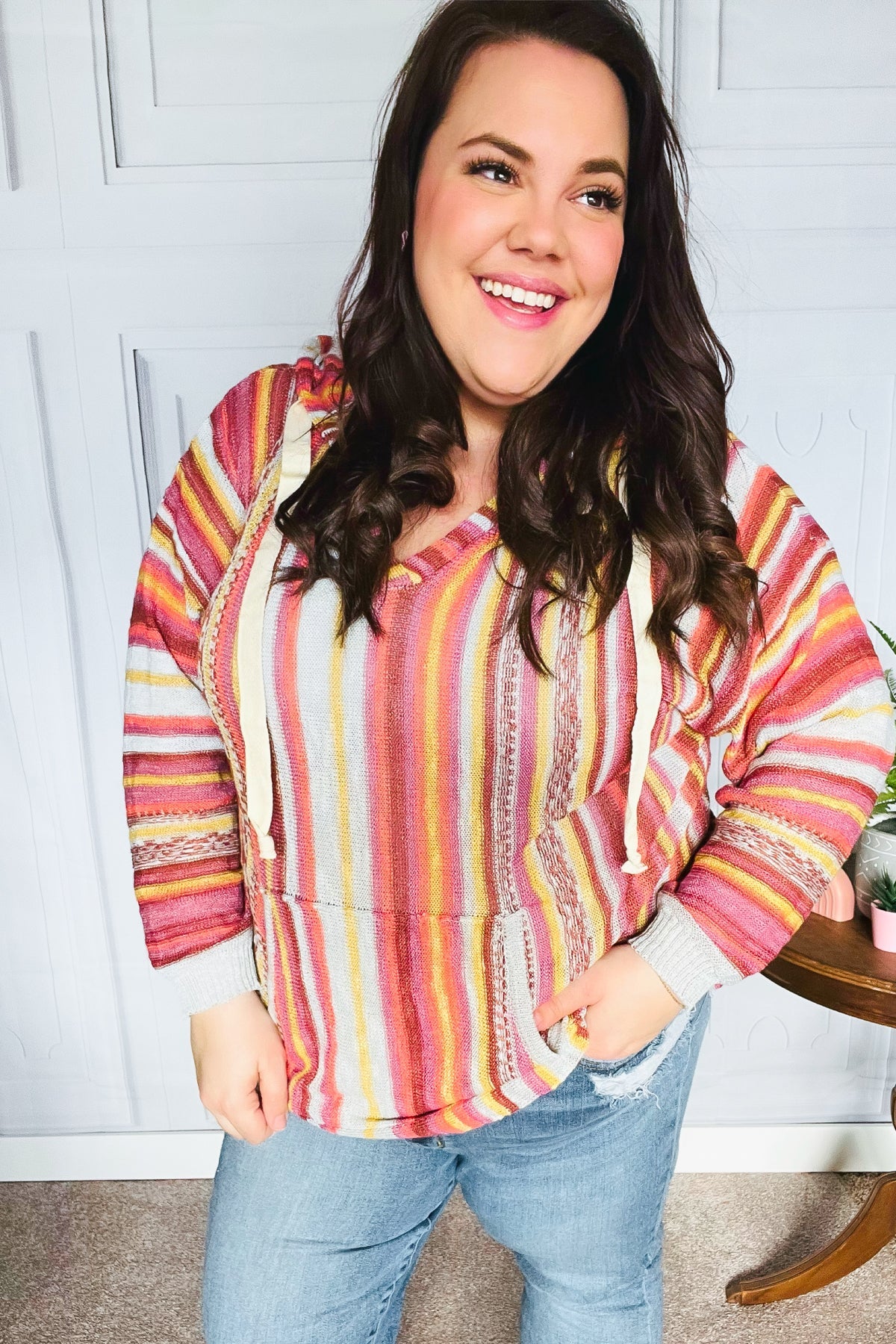 Haptics Coral & Sienna Stripe Pullover Notched Neck Hoodie