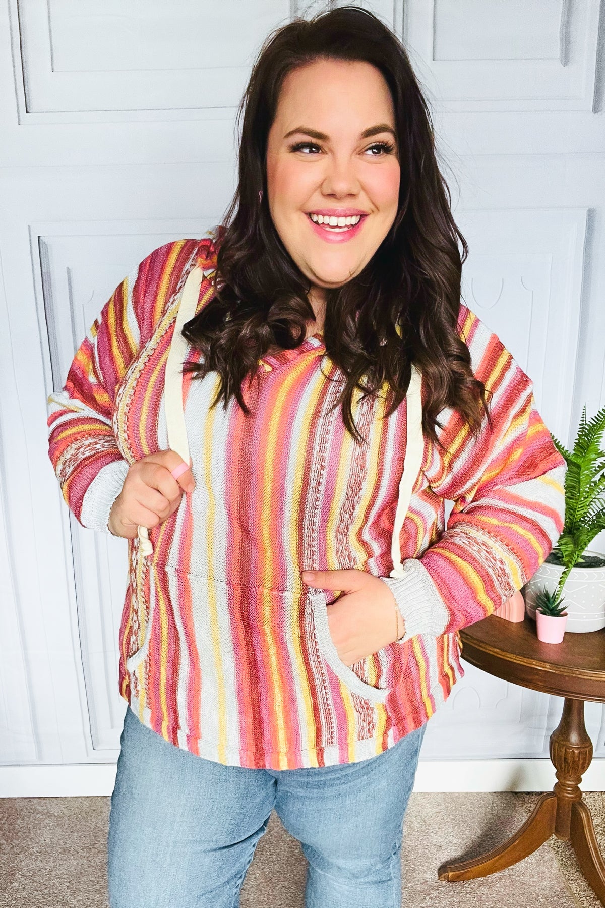 Haptics Coral & Sienna Stripe Pullover Notched Neck Hoodie