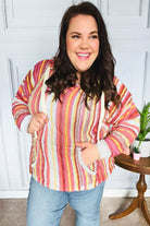 Haptics Coral & Sienna Stripe Pullover Notched Neck Hoodie