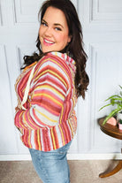 Haptics Coral & Sienna Stripe Pullover Notched Neck Hoodie