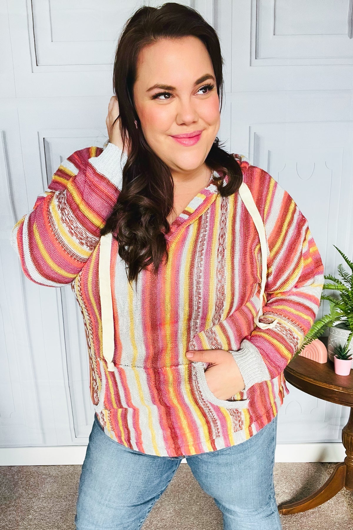 Haptics Coral & Sienna Stripe Pullover Notched Neck Hoodie