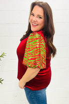 Haptics Red & Green Sequin Puff Sleeve Velvet Top Haptics